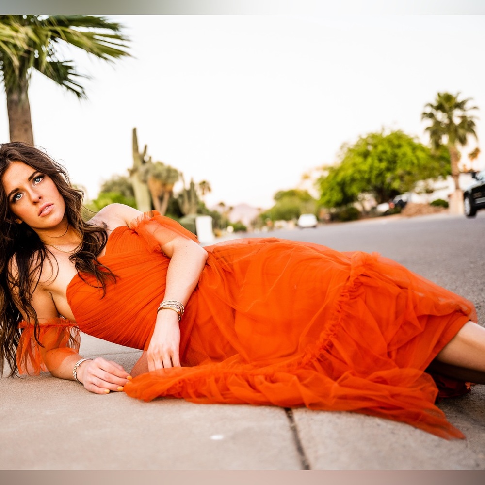 Terracotta colored tulle dress. Perfect for photoshoots or wedding guest!
